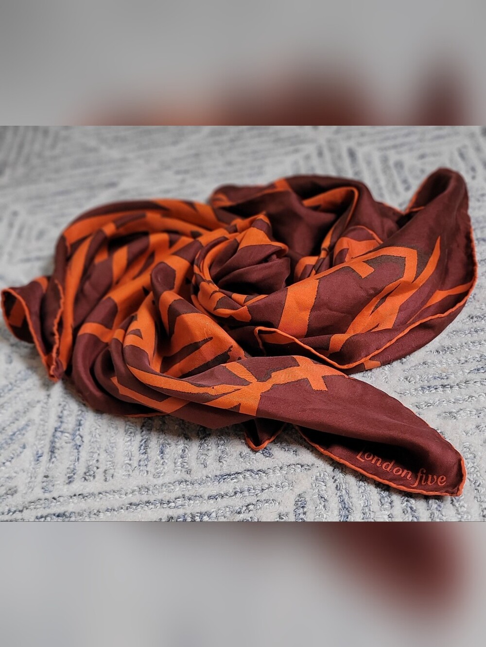 Silk Vintage 1970s Scarf - London Five Abstract Orange Chocolate Brown Funky